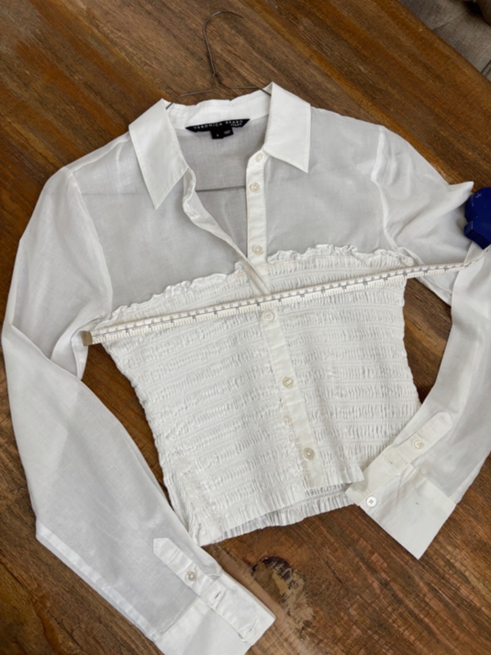 Veronica Beard Emerson Smocked Cotton Button-Up Shirt in White.  Size - Picture 5 of 8